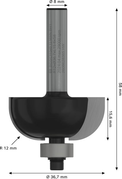 BOSCH PRO Hohlkehlfräser, R 12, Schaft 8 mm BOSCH PRO Hohlkehlfräser, R 12, Schaft 8 mm