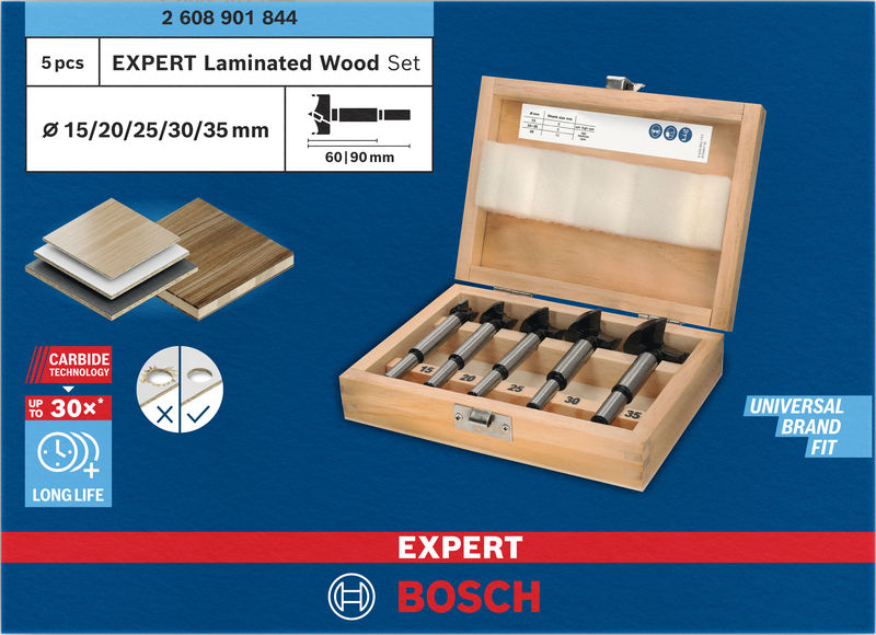 BOSCH EXPERT Laminated Wood Scharnierlochbohrersatz, 15/20/25/30/35 x 60 x 90 mm, 5 St