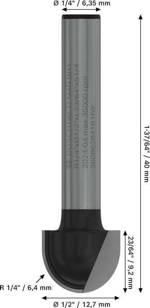 BOSCH PRO Hohlkehlfräser, R 1/4", Schaft 1/4"