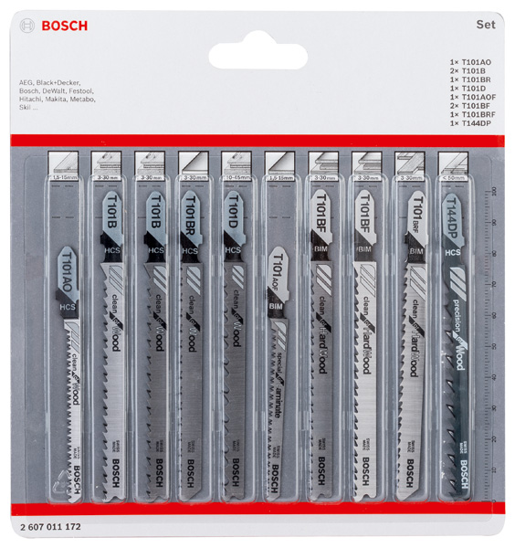 BOSCH 10-tlg. Stichsägeblatt-Set Clean Cutting, T-Schaft