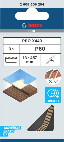 BOSCH PRO X440 Schleifband, 13 x 457 mm, G60, 3-tlg. BOSCH PRO X440 Schleifband, 13 x 457 mm, G60, 3-tlg.