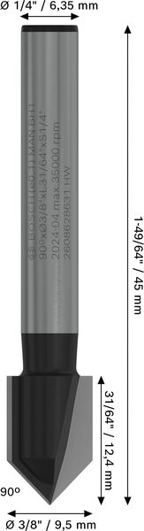 BOSCH PRO V-Nutfräser, 90° x Ø 3/8?, Schaft 1/4?