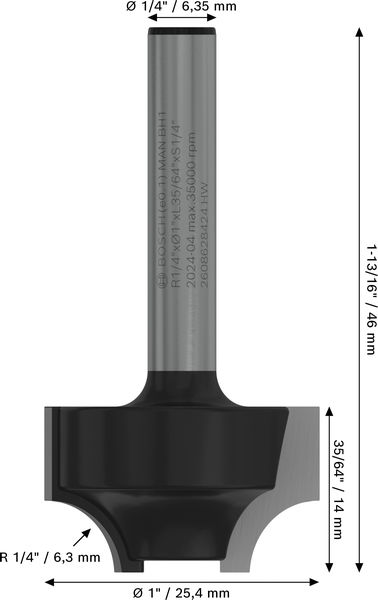 BOSCH PRO Abrundfräser, L 1/4", Schaft 1/4"