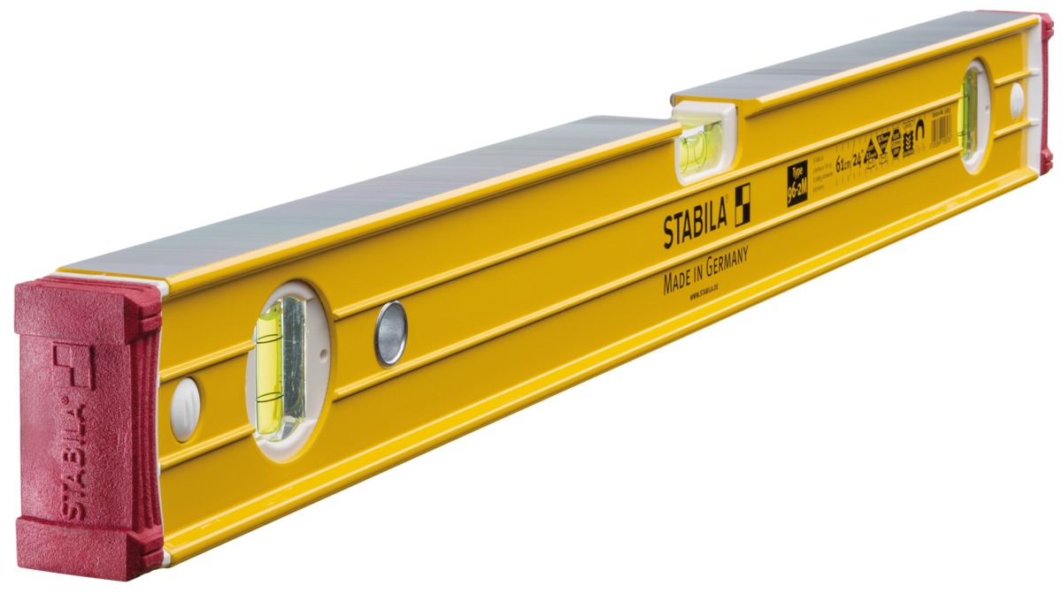 STABILA Magnet-Wasserwaage Type 96-2 M, 61 cm, extrasteifes Alu-Profil, extrastarke Seltenerd-Magnete, 1 Horizontal-/2 Vertikal-Libellen, stoßdämpfende Endkappen, Rutsch-Stopper, Made in Germany