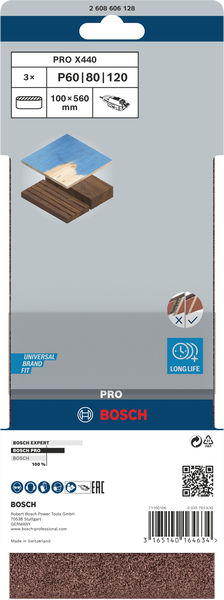 BOSCH PRO X440 Schleifband, 100 x 560 mm, G60, G80, G100, 3-tlg.