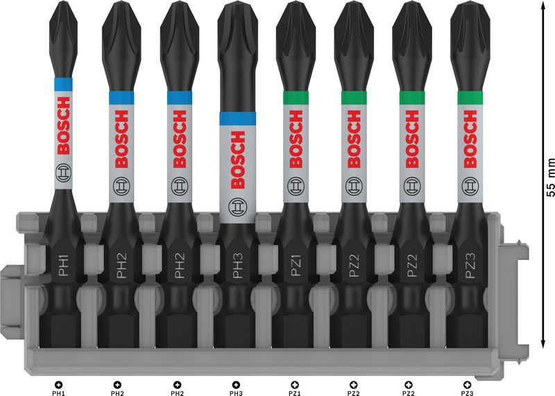 BOSCH PRO Impact Schrauberbit-Set, PH1/PH2/PH3/PZ1/PZ2/PZ3, 55 mm, 8-tlg