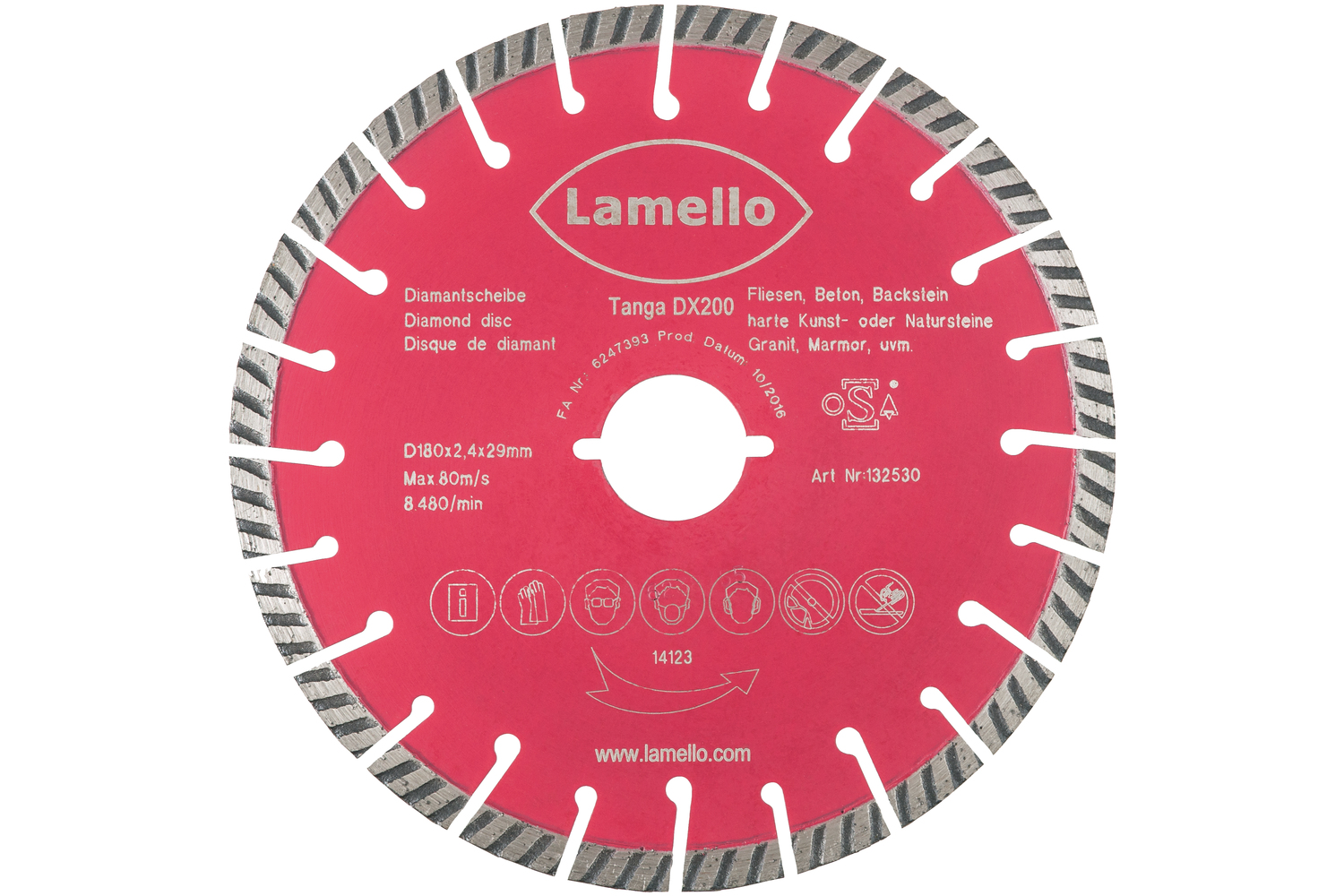 LAMELLO Tanga DX200 Trennscheibe, DP, Ø180x2.4xØ29 mm, mit Schnellspann-Aufnahme LAMELLO Tanga DX200 Trennscheibe, DP, Ø180x2.4xØ29 mm, mit Schnellspann-Aufnahme