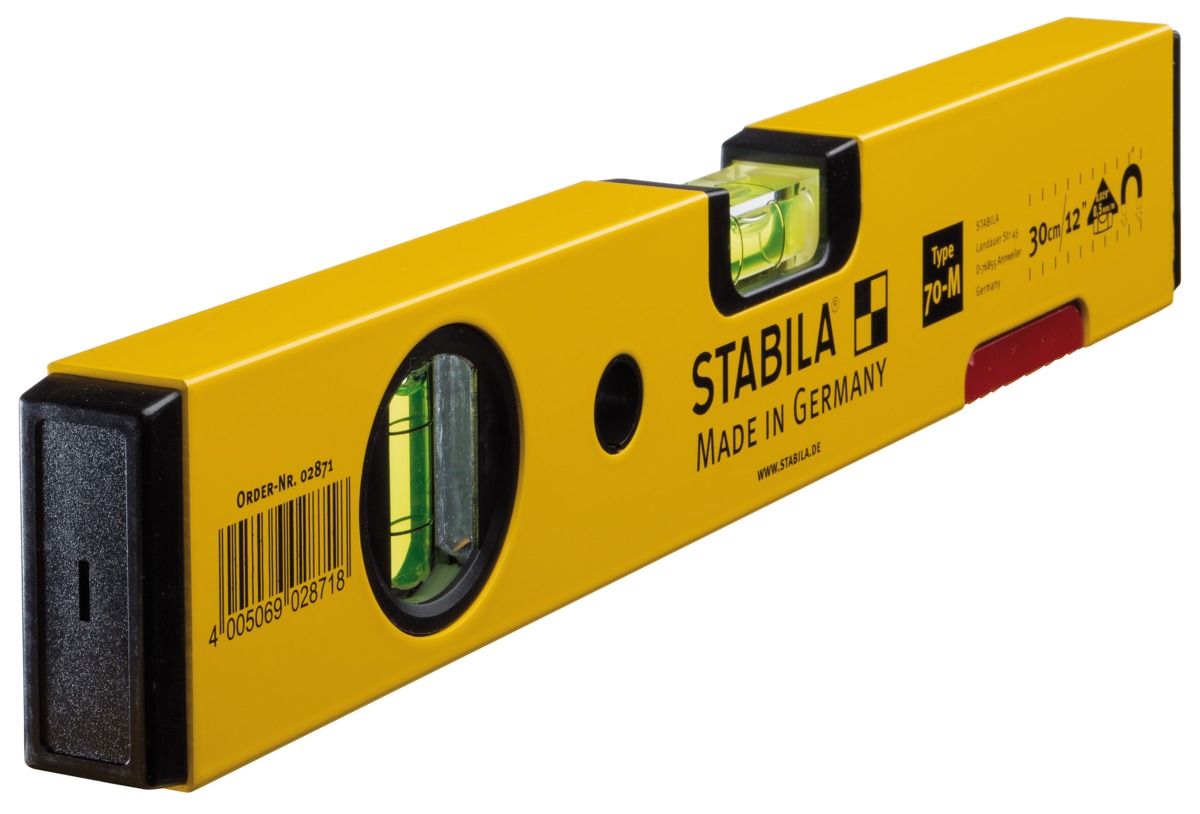 STABILA Magnet-Wasserwaage Type 70 M, 30 cm, leichtes Alu-Profil, starkes Seltenerd-Magnetsystem, 1 Horizontal-Libelle, 1 Vertikal-Libelle, Made in Germany