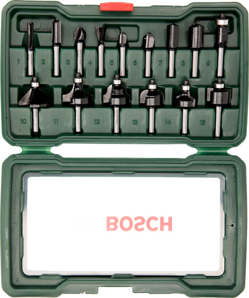 BOSCH 15-teiliges HM-Fräser-Set (1/4" mm Schaft) BOSCH 15-teiliges HM-Fräser-Set (1/4" mm Schaft)