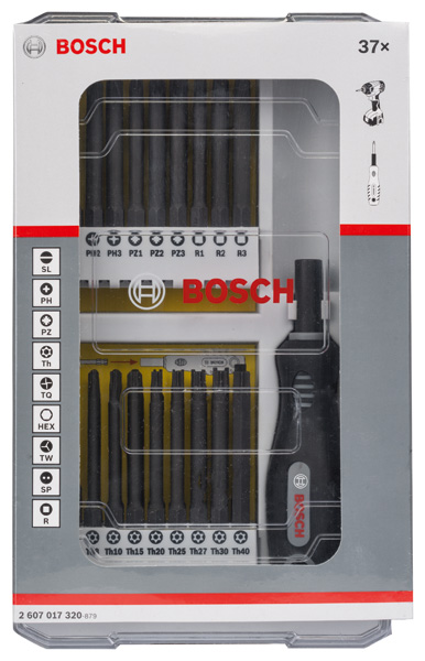 BOSCH 37-teiliges Set mit Schrauberbits und Griff, PH, PZ, SL, TH, TQ, H, TW, SP, R und Bithalter