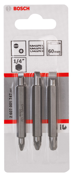 BOSCH Doppelklingenbit-Set, 3-teilig, S0,6x4,5, PZ1, S0,8x5,5, PZ2, S1,2x6,5, PZ3,60mm BOSCH Doppelklingenbit-Set, 3-teilig, S0,6x4,5, PZ1, S0,8x5,5, PZ2, S1,2x6,5, PZ3,60mm
