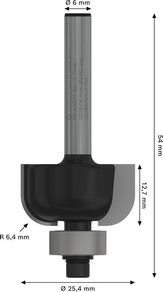 BOSCH PRO Hohlkehlfräser, R 6,4, Schaft 6 mm
