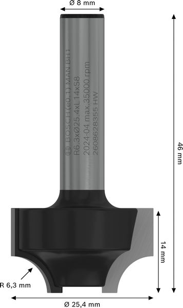BOSCH PRO Abrundfräser, R 6,3, Schaft 8 mm BOSCH PRO Abrundfräser, R 6,3, Schaft 8 mm