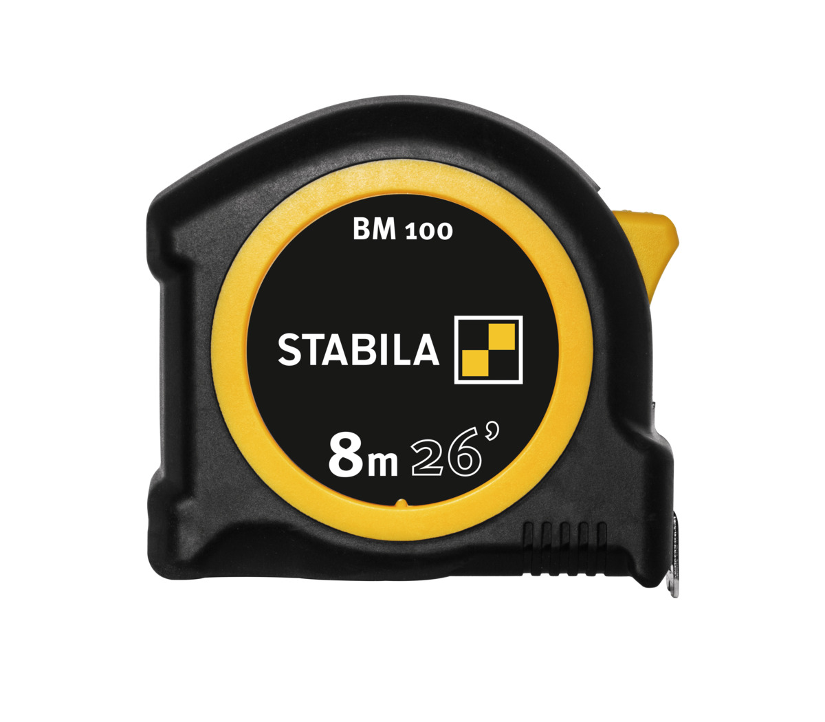 STABILA Taschenbandmaß BM 100, 8 m (26'), Maßband mit cm/inch-Skala, bruchsicheres ABS-Gehäuse, beweglicher Anfangshaken, Gürtel-Clip, MID-Genauigkeit