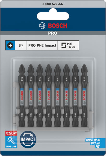 BOSCH PRO Impact Schrauberbit mit Doppelklingen und Pick and Click, PH2, 65 mm, 8-tlg. BOSCH PRO Impact Schrauberbit mit Doppelklingen und Pick and Click, PH2, 65 mm, 8-tlg.