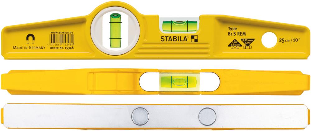 STABILA Magnet-Wasserwaage Type 81 S REM Torpedo mit Tasche, 25 cm, Alu-Gussprofil, Seltenerd-Magnetsystem, 1 Horizontal-/ 1 Vertikal-Libelle, Made in Germany