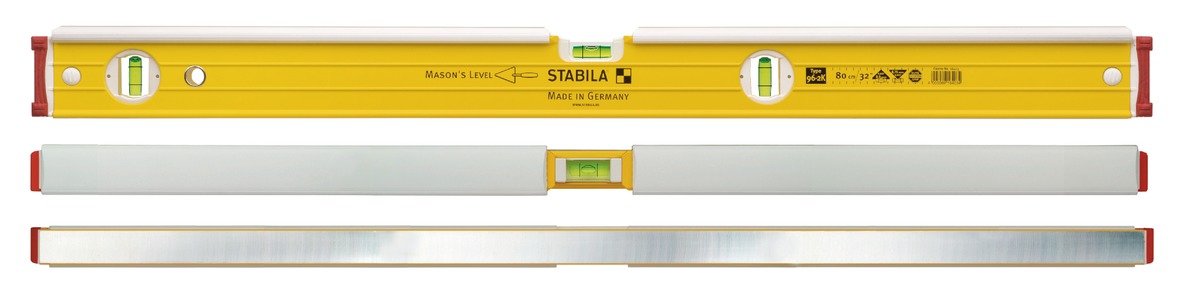 STABILA Maurer-Wasserwaage Type 96-2 K, 81 cm, integrierter Klopfschutz, extrasteifes Alu-Profil, 1 Horizontal-/2 Vertikal-Libellen, stoßdämpfende Endkappen, Made in Germany STABILA Maurer-Wasserwaage Type 96-2 K, 81 cm, integrierter Klopfschutz, extrasteifes Alu-Profil, 1 Horizontal-/2 Vertikal-Libellen, stoßdämpfende Endkappen, Made in Germany