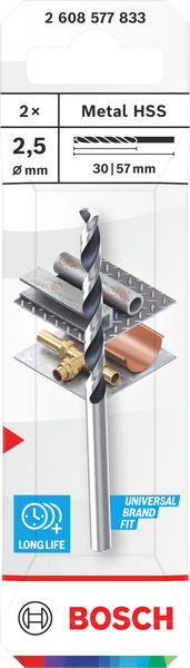 BOSCH Metal HSS Spiralbohrer, 2,5 x 30 x 57 mm, CYL-Schaft, 2-teilig