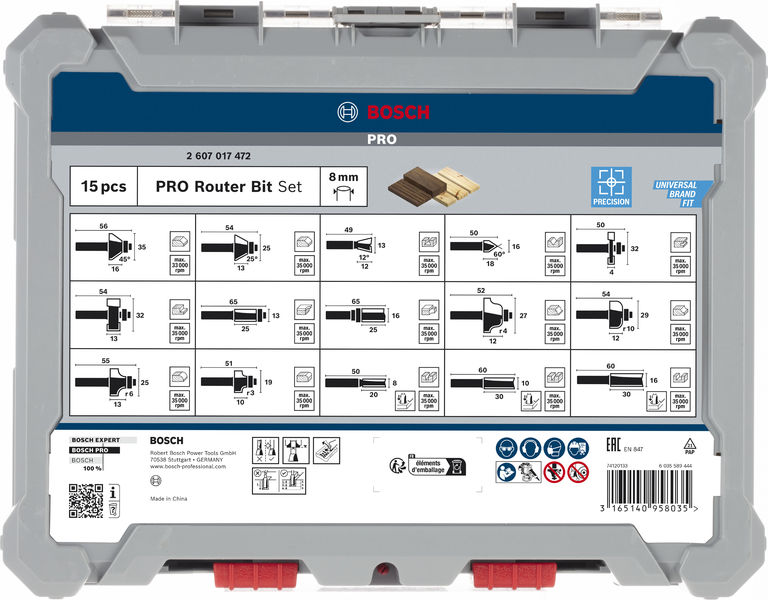 BOSCH 15-teiliges Fräser-Set, 8-mm-Schaft