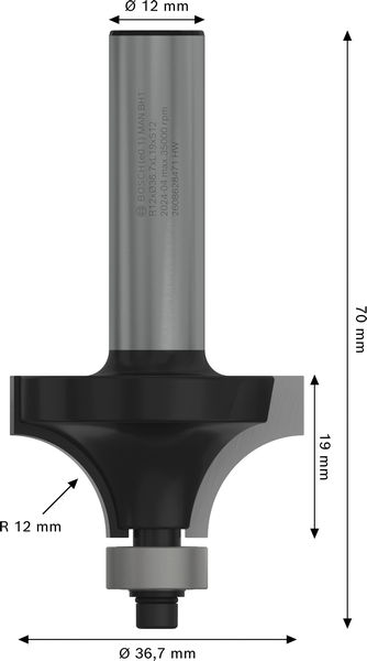 BOSCH PRO Abrundfräser, R 12, Schaft 12 mm