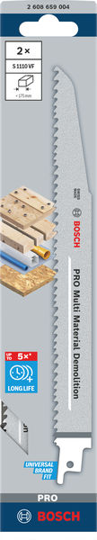 BOSCH PRO Multi Material Demolition S1110VF Säbelsägeblatt, 1,6 x 22 x 225 mm, 2-tlg. BOSCH PRO Multi Material Demolition S1110VF Säbelsägeblatt, 1,6 x 22 x 225 mm, 2-tlg.