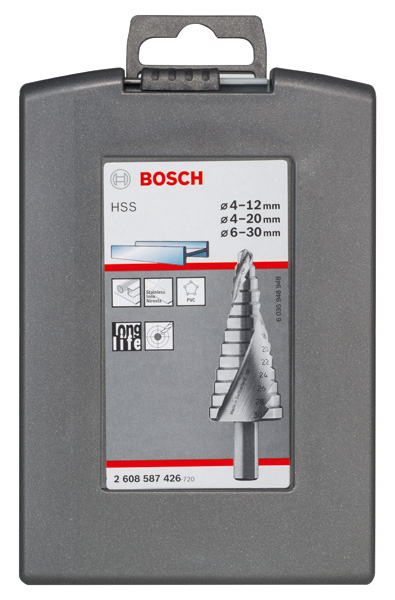 BOSCH HSS-Stufenbohrerset, 3-tlg., 4-12/4-20/6-30 BOSCH HSS-Stufenbohrerset, 3-tlg., 4-12/4-20/6-30