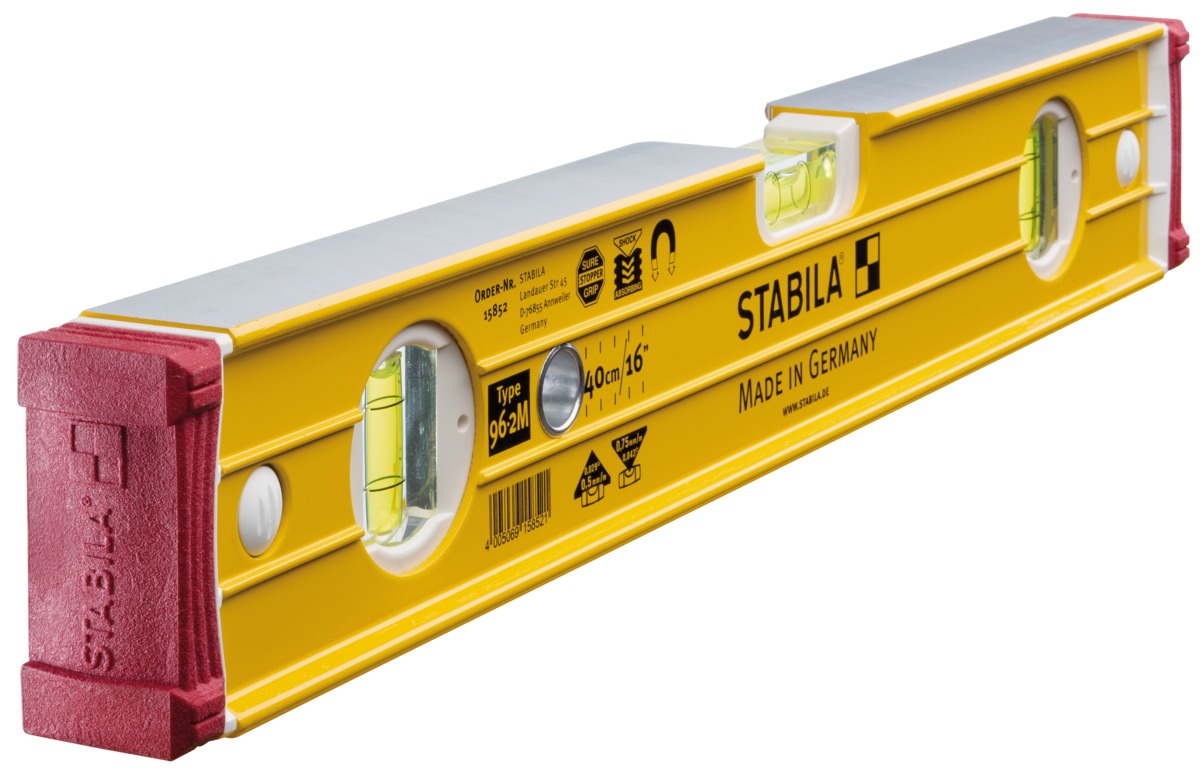STABILA Magnet-Wasserwaage Type 96-2 M, 40 cm, extrasteifes Alu-Profil, extrastarke Seltenerd-Magnete, 1 Horizontal-/2 Vertikal-Libellen, stoßdämpfende Endkappen, Rutsch-Stopper, Made in Germany STABILA Magnet-Wasserwaage Type 96-2 M, 40 cm, extrasteifes Alu-Profil, extrastarke Seltenerd-Magnete, 1 Horizontal-/2 Vertikal-Libellen, stoßdämpfende Endkappen, Rutsch-Stopper, Made in Germany