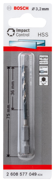 BOSCH HSS Spiralbohrer mit Sechskantschaft 3,2 mm BOSCH HSS Spiralbohrer mit Sechskantschaft 3,2 mm