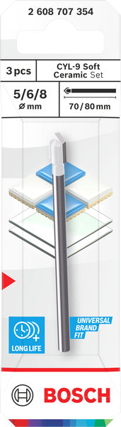 BOSCH CYL-9 Soft Ceramic Bohrer-Set, 5 x 70; 6 x 80; 8 x 80 mm, 3-tlg.