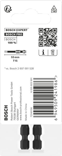 BOSCH PRO Torx Impact Bit, T15, 55 mm, 2-tlg.