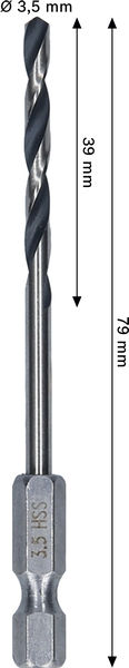 BOSCH Metal HSS Spiralbohrer, 3,5 x 39 x 79 mm, HEX 1/4“ Schaft