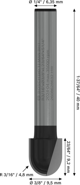 BOSCH PRO Hohlkehlfräser, R 3/16", Schaft 1/4" BOSCH PRO Hohlkehlfräser, R 3/16", Schaft 1/4"