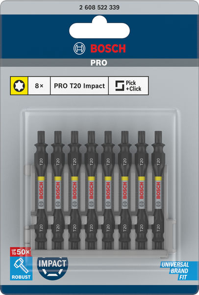 BOSCH PRO Impact Schrauberbit mit Doppelklingen und Pick and Click, T20, 65 mm, 8-tlg.