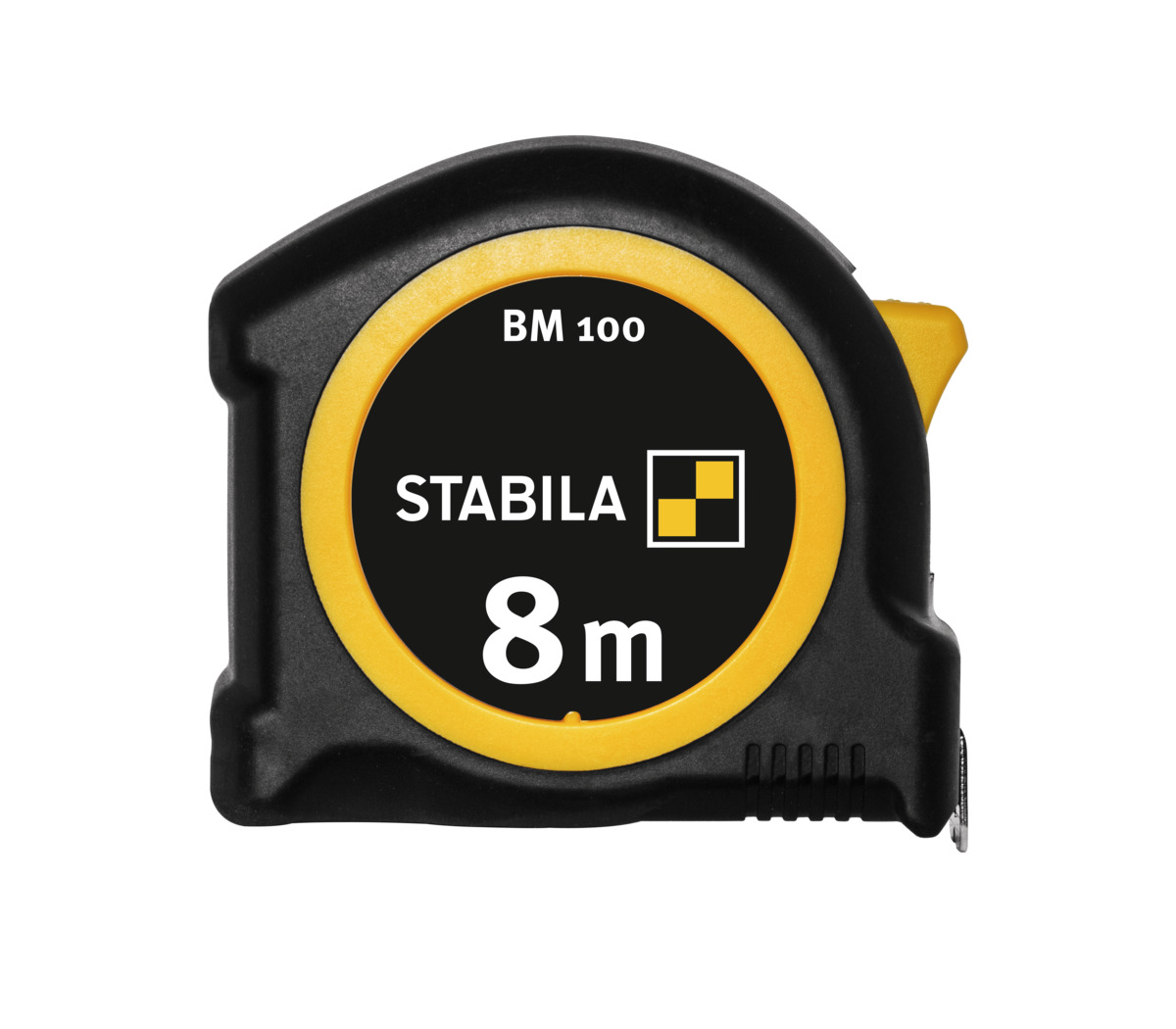 STABILA Taschenbandmaß BM 100, 8 m, Maßband mit metrischer 1000er-Skala, bruchsicheres ABS-Gehäuse, beweglicher Anfangshaken, Gürtel-Clip, MID-Genauigkeit
