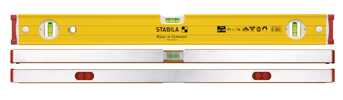 STABILA Magnet-Wasserwaage Type 96-2 M, 200 cm, extrasteifes Alu-Profil, extrastarke Seltenerd-Magnete, 1 Horizontal-/2 Vertikal-Libellen, stoßdämpfende Endkappen, Rutsch-Stopper, Made in Germany