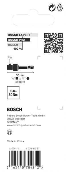 BOSCH PRO Socket Adapter mit Stiftverbindung, 1/2", 50 mm BOSCH PRO Socket Adapter mit Stiftverbindung, 1/2", 50 mm