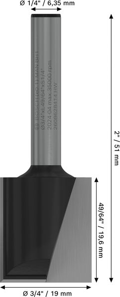 BOSCH PRO Nutfräser, zweischneidig, Ø 3/4" x L 49/64", Schaft 1/4"