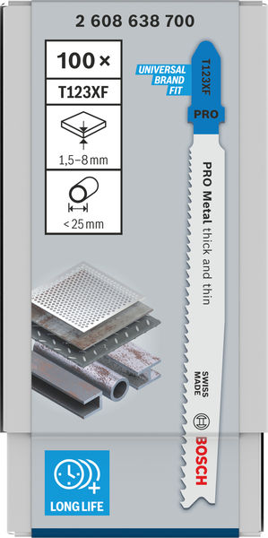 BOSCH PRO Metal thick and thin T123XF Stichsägeblatt, 100 mm, 100-tlg. BOSCH PRO Metal thick and thin T123XF Stichsägeblatt, 100 mm, 100-tlg.