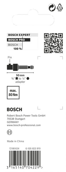 BOSCH PRO Socket Adapter mit Stiftverbindung, 3/8", 50 mm
