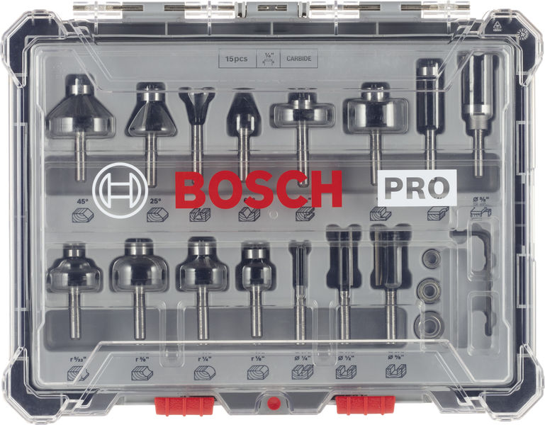 BOSCH PRO Fräsersatz gemischt, Schaft 1/4", 15-tlg BOSCH PRO Fräsersatz gemischt, Schaft 1/4", 15-tlg