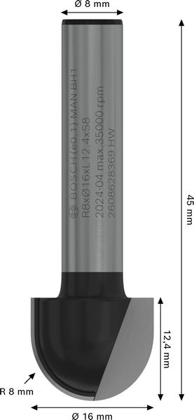 BOSCH PRO Hohlkehlfräser, R 8, Schaft 8 mm