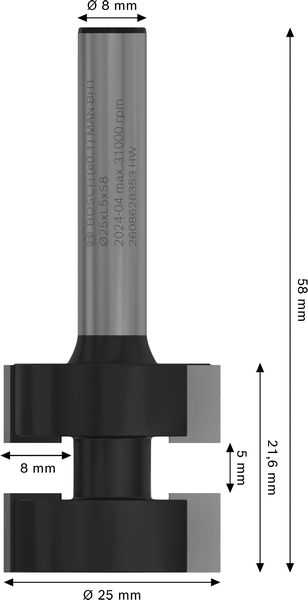 BOSCH PRO T-Nutfräser, Ø 25 x L 5, Schaft 8 mm BOSCH PRO T-Nutfräser, Ø 25 x L 5, Schaft 8 mm