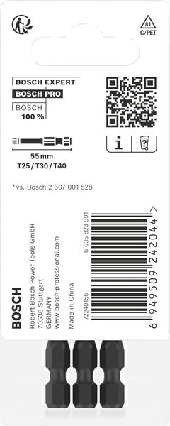 BOSCH PRO T Impact Bit Set, T25, T30, T40, 55 mm, 3-tlg