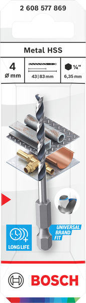 BOSCH Metal HSS Spiralbohrer, 4 x 43 x 83 mm, HEX 1/4“ Schaft