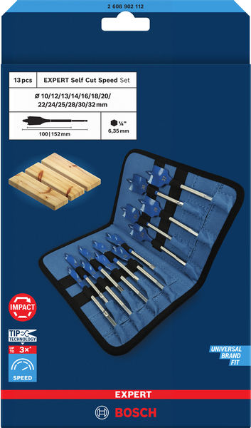BOSCH EXPERT Self Cut Speed Flachfräsbohrer-Set, 10-32 mm, 13-tlg.