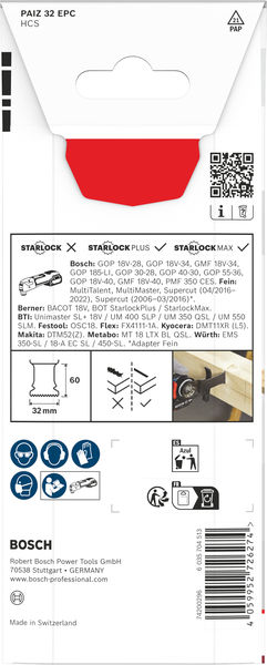 BOSCH PAIZ 32 EPC Holz Tauchsägeblatt, Starlock, 32 x 60 mm BOSCH PAIZ 32 EPC Holz Tauchsägeblatt, Starlock, 32 x 60 mm