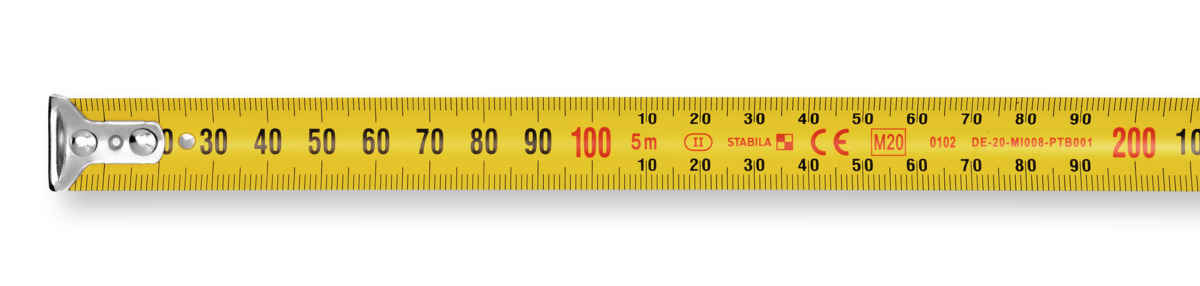 STABILA Taschenbandmaß BM 100, 5 m, Maßband mit metrischer 1000er-Skala, bruchsicheres ABS-Gehäuse, beweglicher Anfangshaken, Gürtel-Clip, MID-Genauigkeit