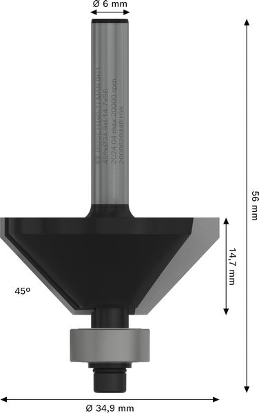 BOSCH Fasefräser, 6 mm, D1 34,9 mm, B 11,1 mm, L 14,7 mm, G 56 mm, 45°