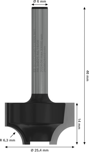 BOSCH PRO Abrundfräser, R 6,3, Schaft 6 mm
