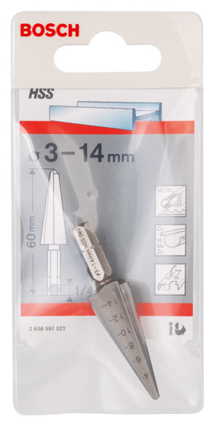 BOSCH Blechschälbohrer HSS, Sechskantschaft, 3 - 14 mm, 60 mm, 1/4-Zoll BOSCH Blechschälbohrer HSS, Sechskantschaft, 3 - 14 mm, 60 mm, 1/4-Zoll